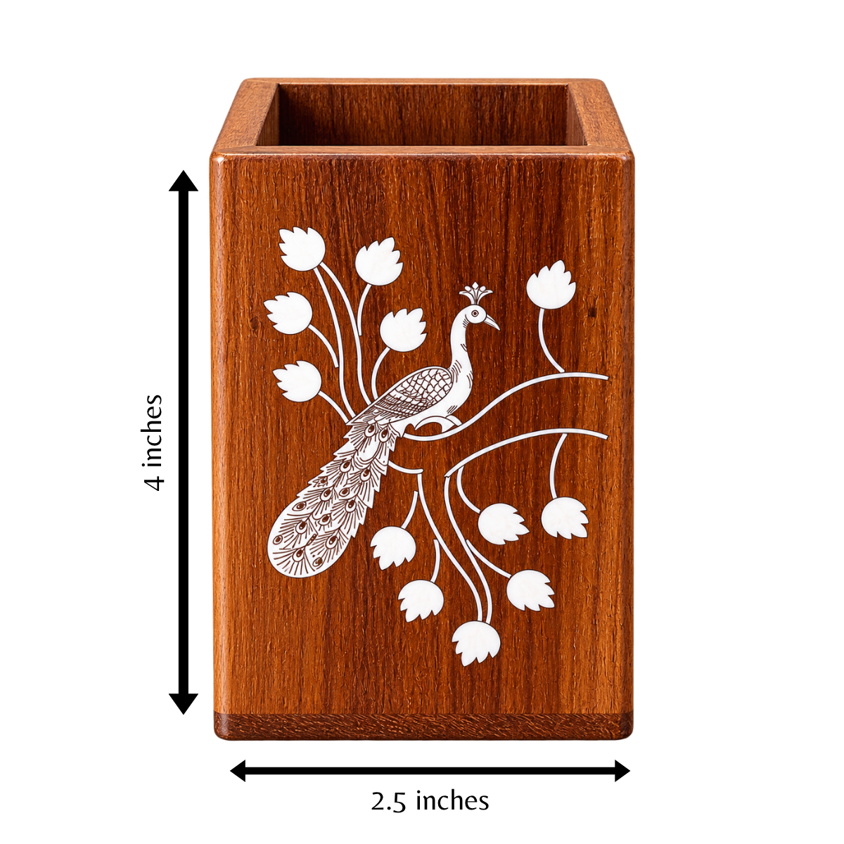 Handcrafted Karnataka Wooden Peacock Multipurpose Holder – Inlay Pen Stand, Planter & Organiser