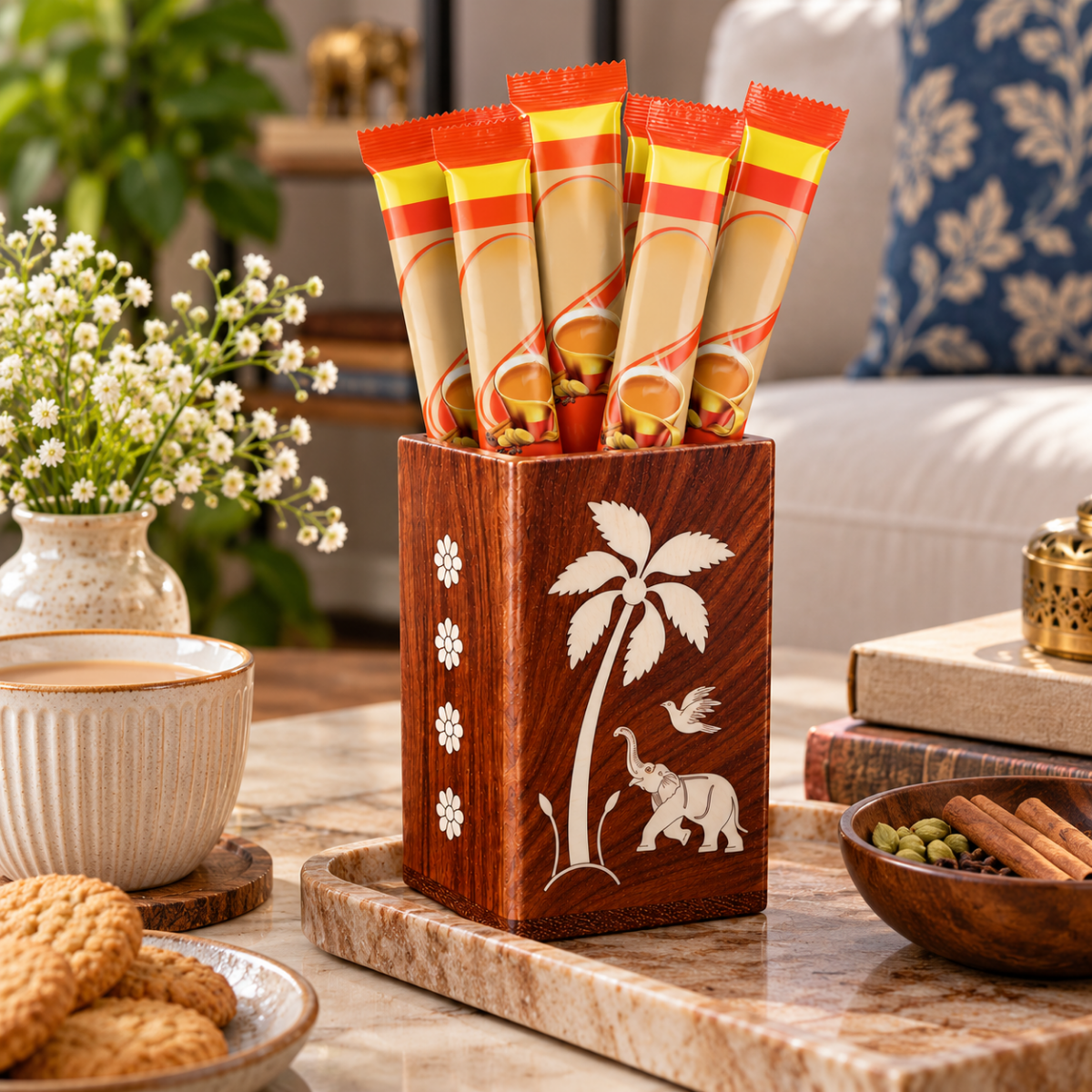 Handcrafted Karnataka Wooden Multipurpose Holder with Ivory-Like Inlay