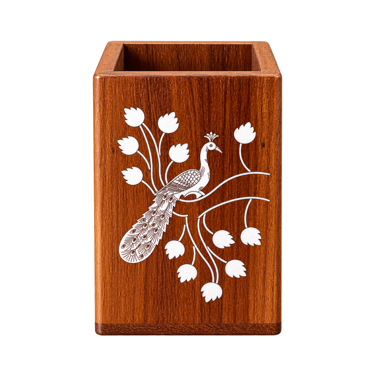 Handcrafted Karnataka Wooden Peacock Multipurpose Holder – Inlay Pen Stand, Planter & Organiser