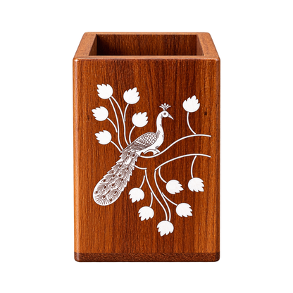 Handcrafted Karnataka Wooden Peacock Multipurpose Holder – Inlay Pen Stand, Planter & Organiser