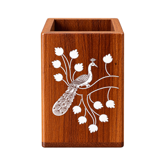 Handcrafted Karnataka Wooden Peacock Multipurpose Holder – Inlay Pen Stand, Planter & Organiser