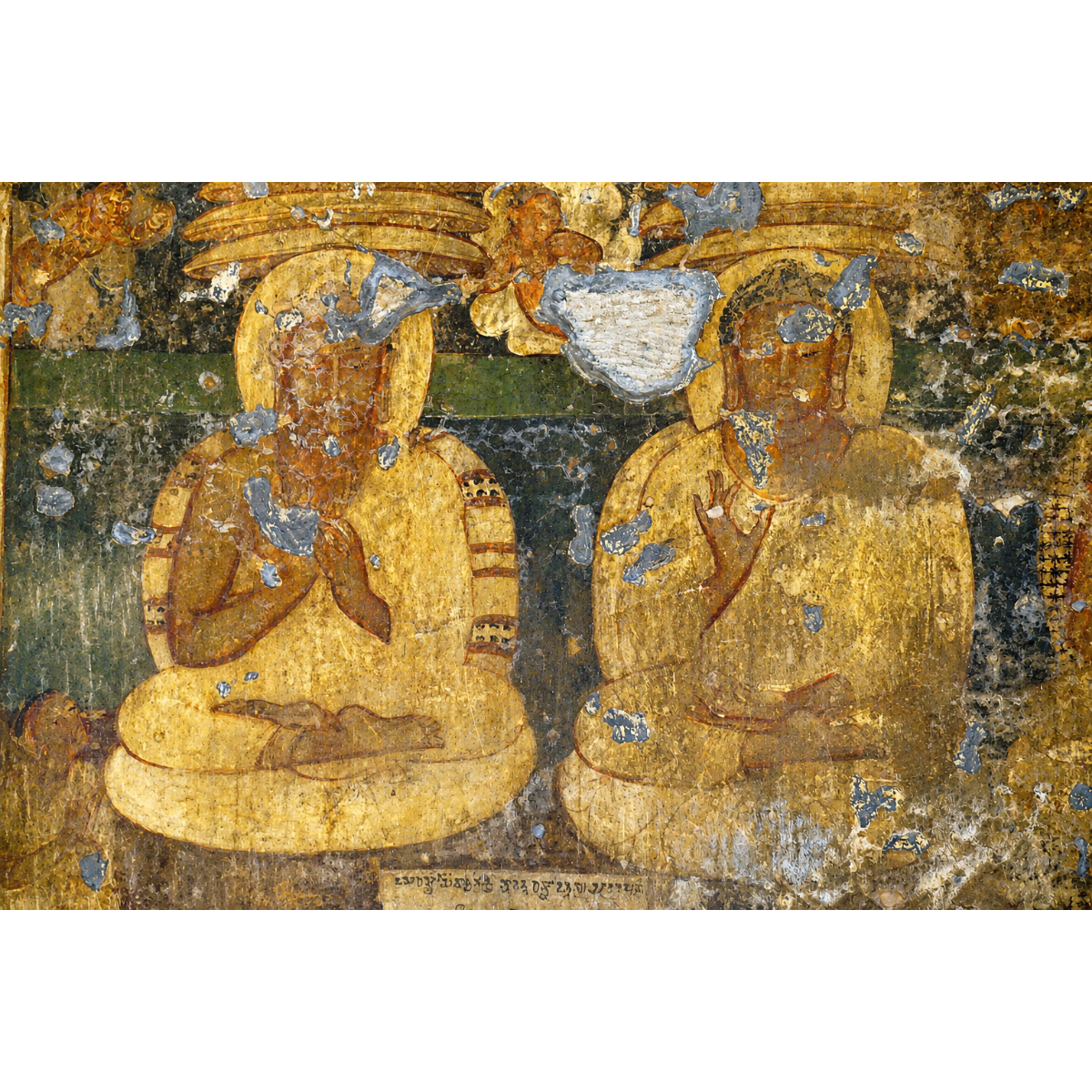 An ancient Ajapnta UNESCO painted mural depicting two seated figures in gold robes with blue and white plaster repairs, shown against a white border.
