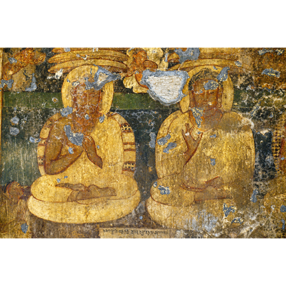 An ancient Ajapnta UNESCO painted mural depicting two seated figures in gold robes with blue and white plaster repairs, shown against a white border.