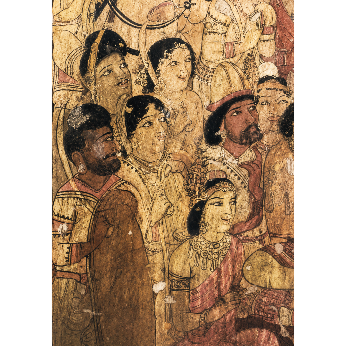Shop the Descent from Heaven Ajanta Cave 17 Art Print, an unframed museum-inspired reproduction featuring a historic Ajanta mural with foreign visitors. Perfect for heritage interiors, collectors and lovers of ancient Indian art.