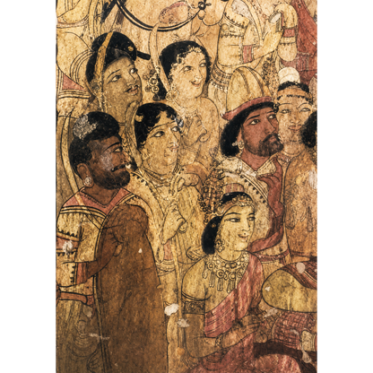 Shop the Descent from Heaven Ajanta Cave 17 Art Print, an unframed museum-inspired reproduction featuring a historic Ajanta mural with foreign visitors. Perfect for heritage interiors, collectors and lovers of ancient Indian art.
