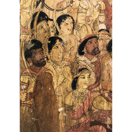 Shop the Descent from Heaven Ajanta Cave 17 Art Print, an unframed museum-inspired reproduction featuring a historic Ajanta mural with foreign visitors. Perfect for heritage interiors, collectors and lovers of ancient Indian art.