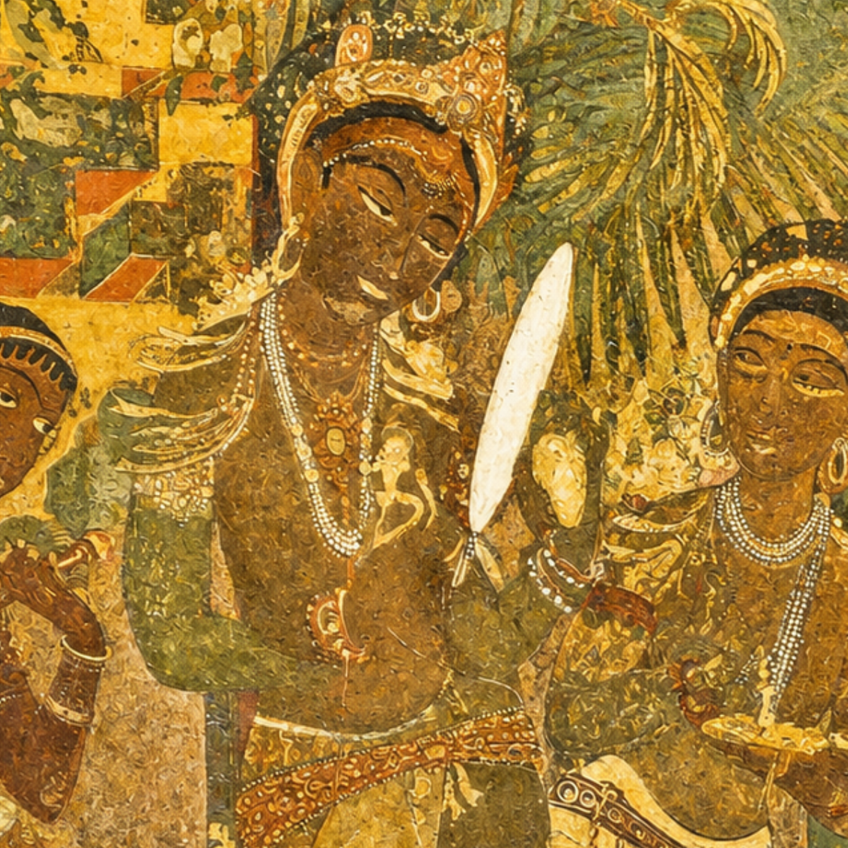Beautiful Composition of Darpan Sundari from Ajanta Cave 17 – Unframed Wall Art | Museum Replica | Ancient Indian Buddhist Painting