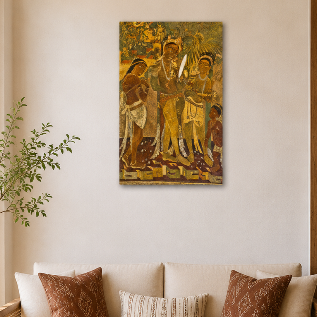 Beautiful Composition of Darpan Sundari from Ajanta Cave 17 – Unframed Wall Art | Museum Replica | Ancient Indian Buddhist Painting