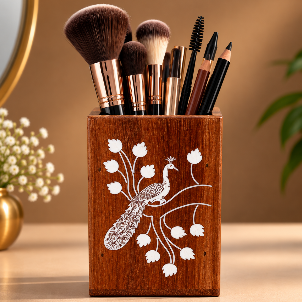 Handcrafted Karnataka Wooden Peacock Multipurpose Holder – Inlay Pen Stand, Planter & Organiser