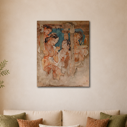 Ajanta Mural Masterpiece of Maidens | Art Print (Unframed) | Museum Replica | Ancient Indian Buddhist Wall Art