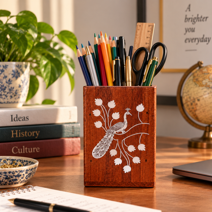 Handcrafted Karnataka Wooden Peacock Multipurpose Holder – Inlay Pen Stand, Planter & Organiser