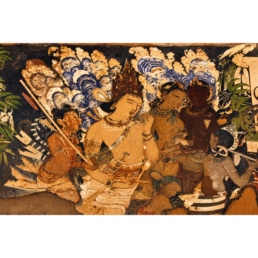 Shop the Indra and Apsaras Ajanta Cave 17 Art Print, an unframed museum-inspired reproduction featuring Indra, celestial apsaras and an early depiction of the Alapini veena. Perfect for heritage interiors and lovers of ancient Indian art.