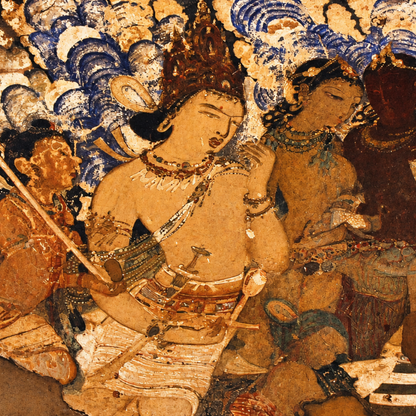 Indra and Musician from Ajanta Cave 17 – Unframed Wall Art | Museum Replica | Ancient Indian Mural Painting