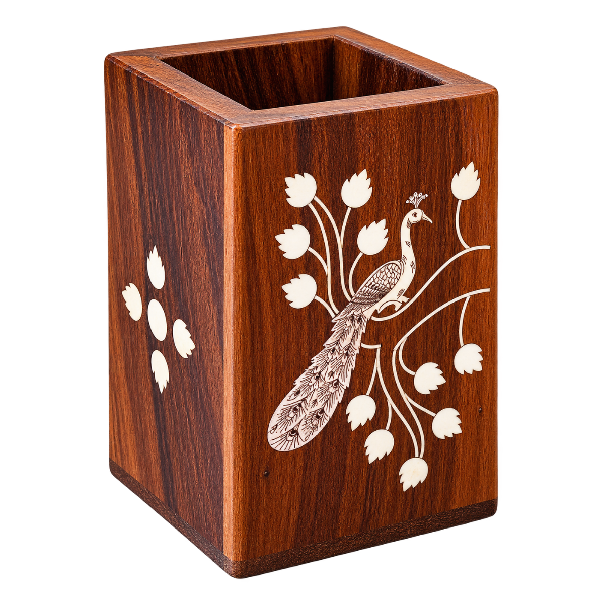 Handcrafted Karnataka Wooden Peacock Multipurpose Holder – Inlay Pen Stand, Planter & Organiser