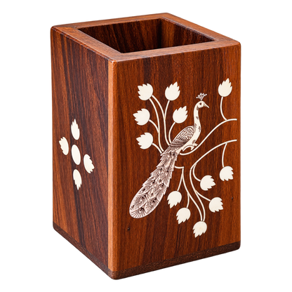 Handcrafted Karnataka Wooden Peacock Multipurpose Holder – Inlay Pen Stand, Planter & Organiser