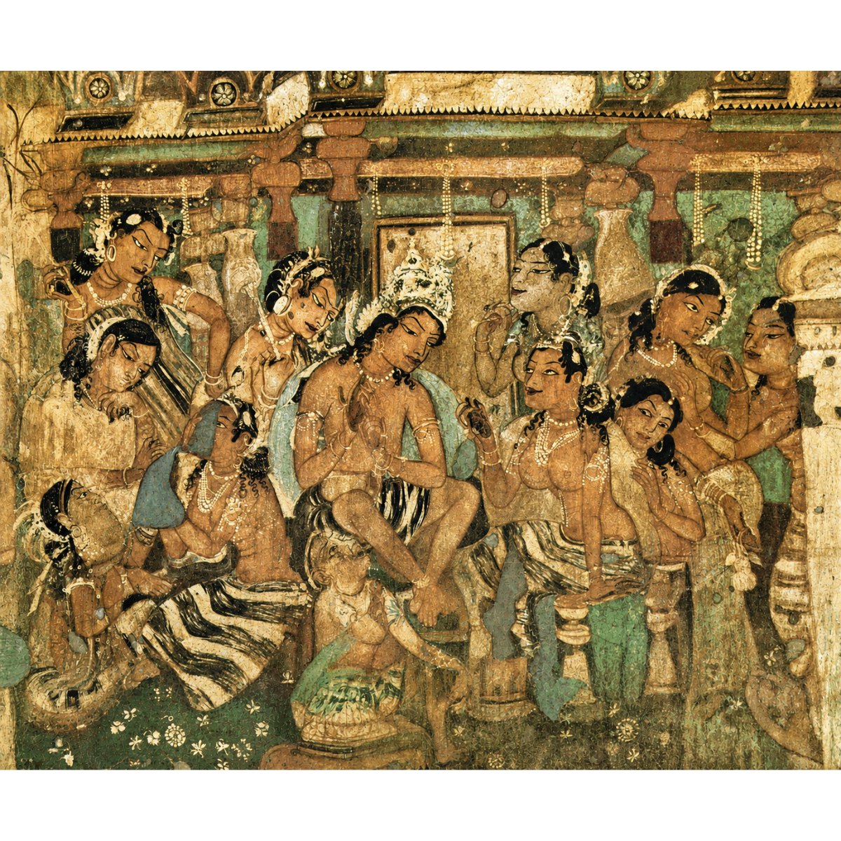 Own the Mahajanaka Jataka Art Print from Ajanta Cave 1, an unframed museum-inspired reproduction depicting King Mahajanaka's renunciation. Perfect for heritage interiors, collectors and admirers of ancient Indian Buddhist art.