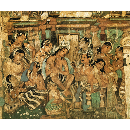Own the Mahajanaka Jataka Art Print from Ajanta Cave 1, an unframed museum-inspired reproduction depicting King Mahajanaka's renunciation. Perfect for heritage interiors, collectors and admirers of ancient Indian Buddhist art.