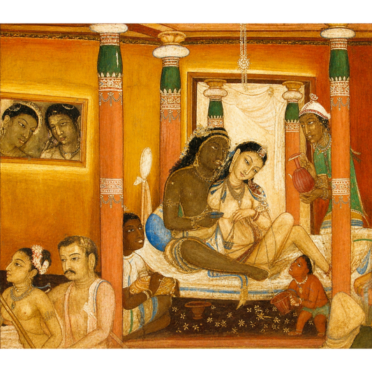 Own the Ajanta Cave 17 Amorous Palace Scene Art Print, an unframed museum-inspired reproduction showcasing the elegance of ancient Indian royal life. Perfect for heritage interiors, collectors and lovers of classical Indian art.