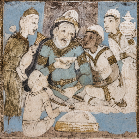 Discover the Ajanta Cave 17 Palace Scene with Persian Attendants Art Print, a museum-inspired reproduction celebrating ancient India's thriving trade with Persia through one of Ajanta's most captivating royal murals.