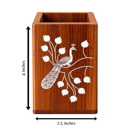 Handcrafted Karnataka Wooden Peacock Multipurpose Holder – Inlay Pen Stand, Planter & Organiser