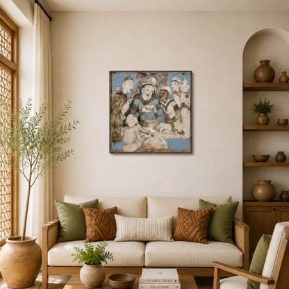 Ajanta Cave 17 Palace Scene with Persian Attendants – Unframed Wall Art | Museum Replica | Ancient Indian Mural