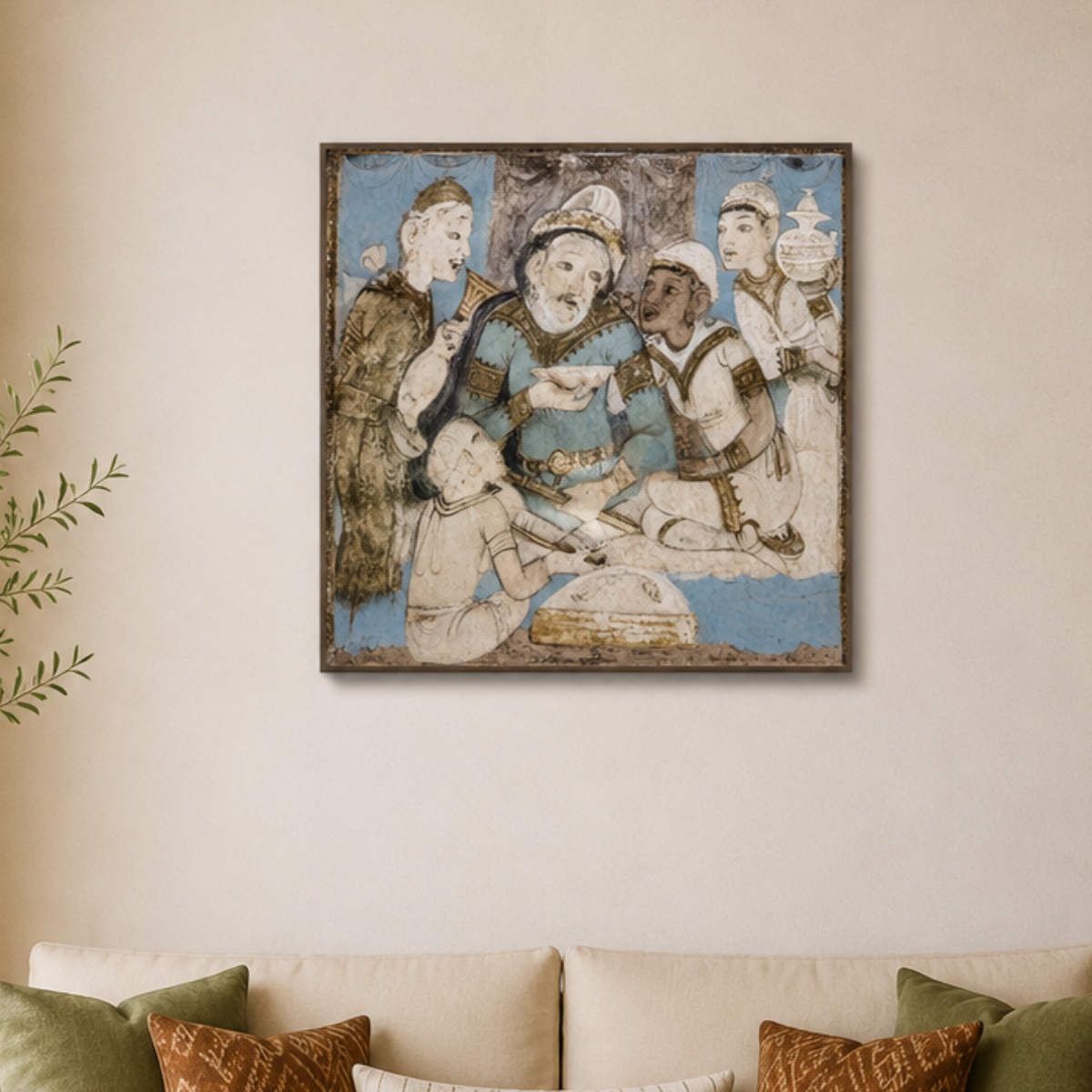 Ajanta Cave 17 Palace Scene with Persian Attendants – Unframed Wall Art | Museum Replica | Ancient Indian Mural
