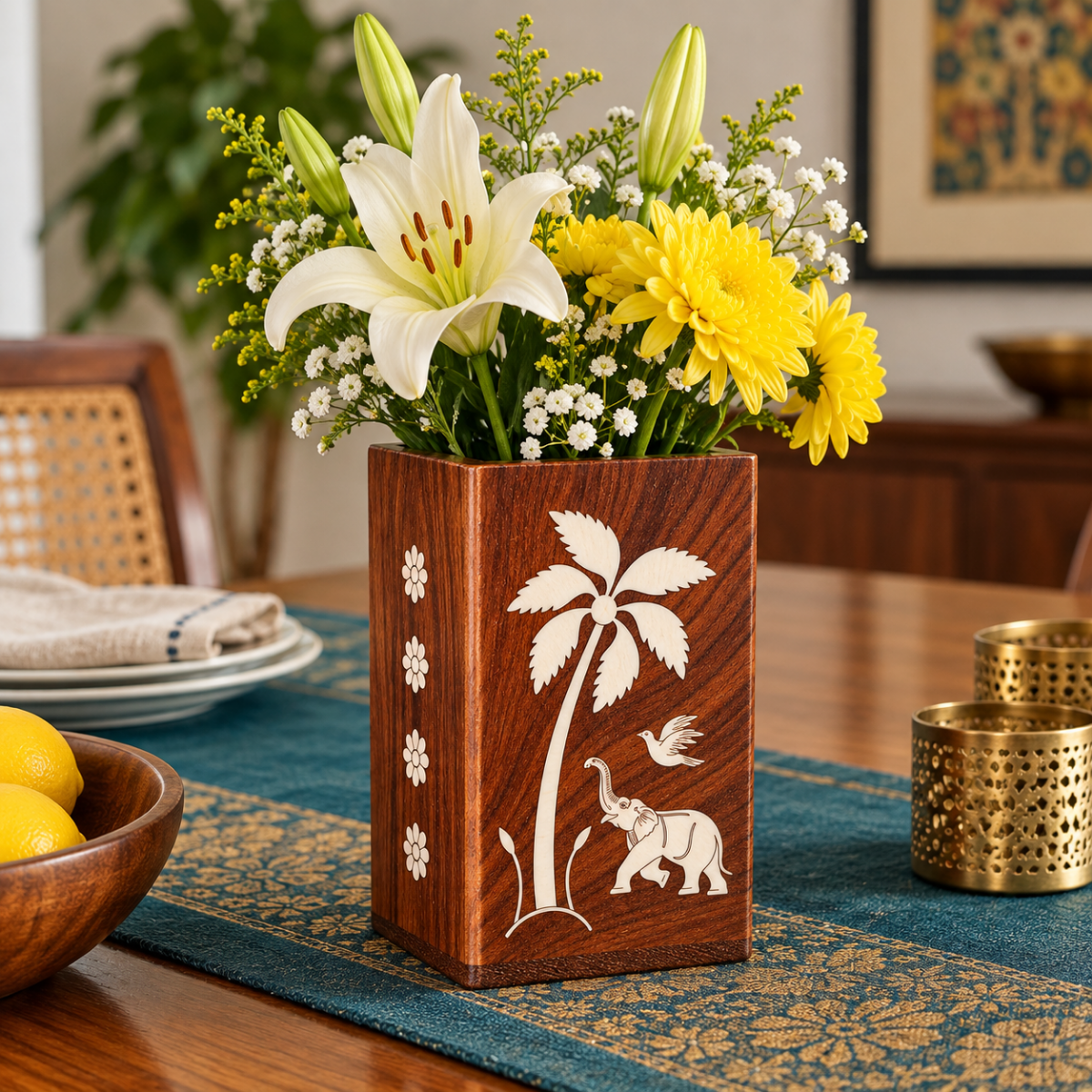 Handcrafted Karnataka Wooden Multipurpose Holder with Ivory-Like Inlay