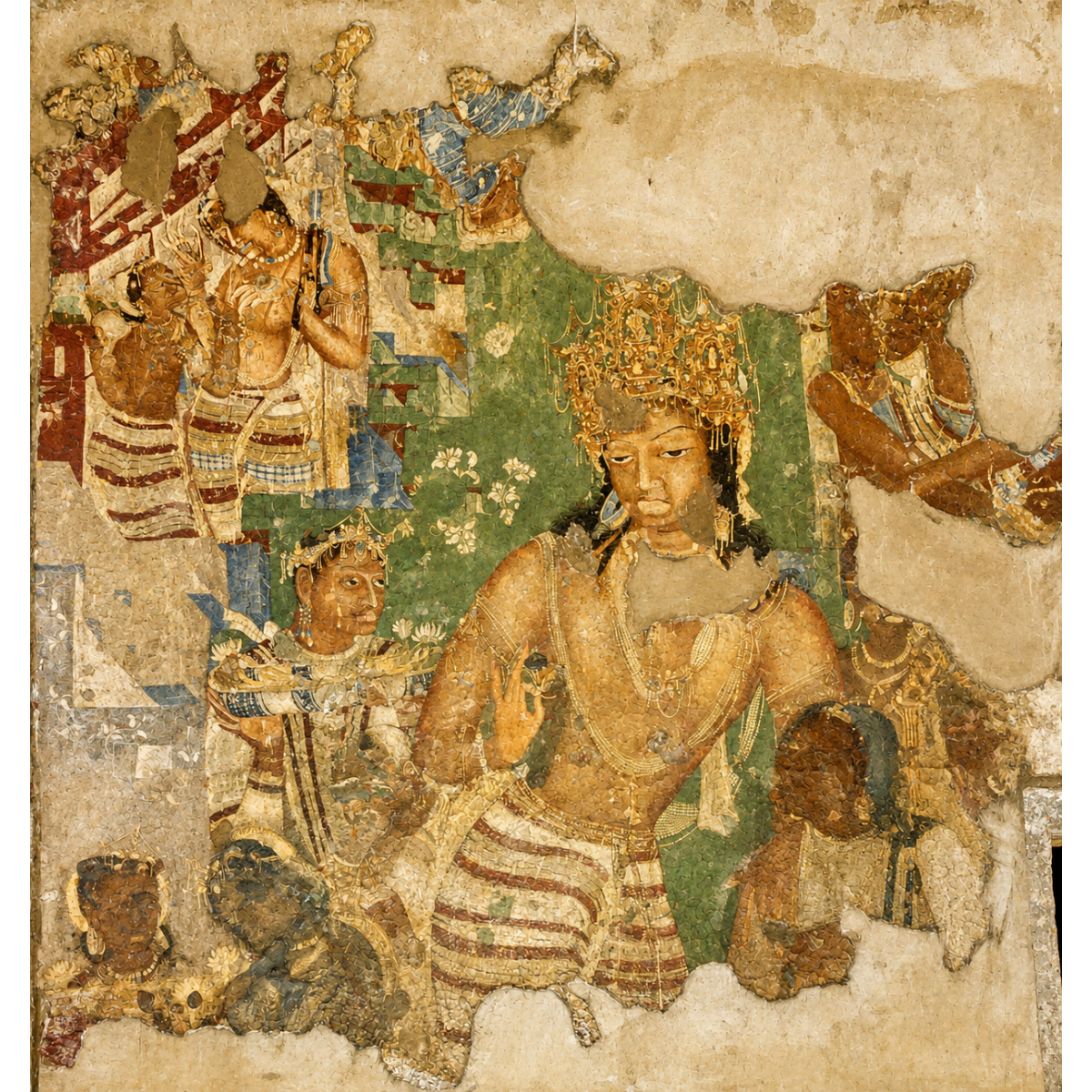 Ancient-style painted mural  from Ajanta caves showing several human figures in ornate garments and crowns on a weathered beige wall surface.