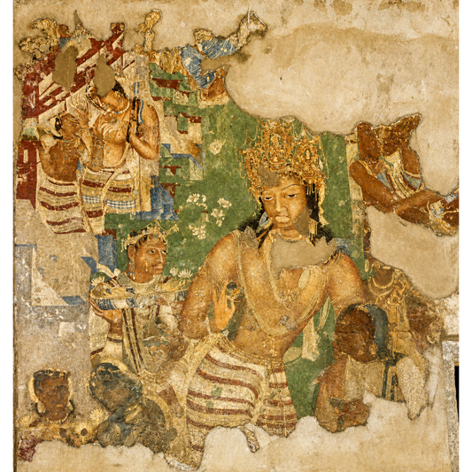 Ancient-style painted mural  from Ajanta caves showing several human figures in ornate garments and crowns on a weathered beige wall surface.